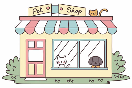 Cute pastel pet shop storefront with cat and dog in window cartoon vector - Powered by Adobe