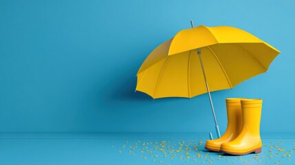 Bright yellow umbrella and rain boots on a light blue background (1)