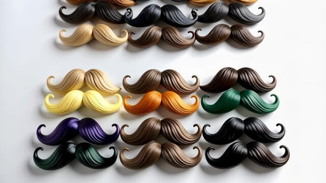 Rows of colorful artificial mustaches arranged on a white surface create a visually striking and fun pattern with varying shades and textures.