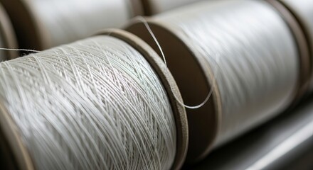 Transparent silk thread on industrial spools in a well-lit workspace with shallow depth of field