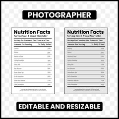 photographer nutrition facts  
funny photographer label  
camera lover design  
photographer gift idea  
creative professional label  
daily value photographer  
funny photography quote  
shutterbug 
