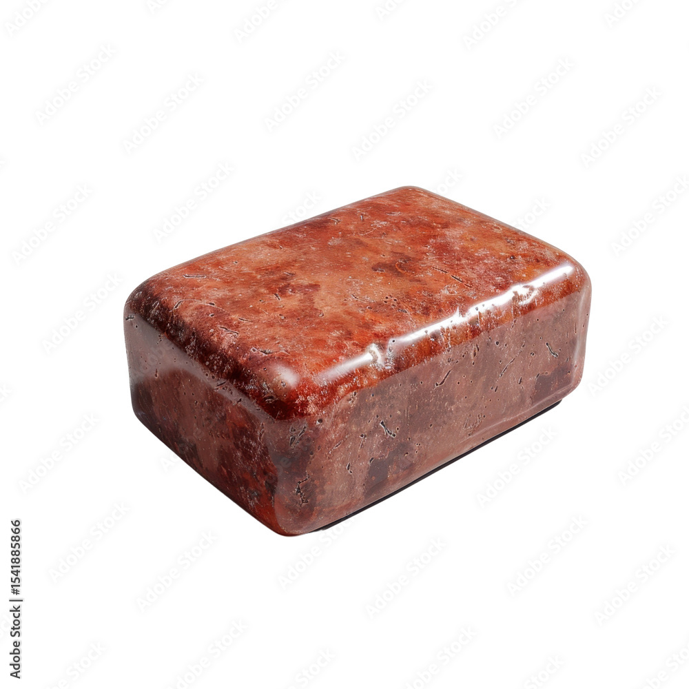 Poster smooth, rectangular block of reddish brown soap with glossy finish, showcasing marbled texture that 