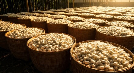 Bamboo baskets filled with silkworm cocoons basking in warm sunlight