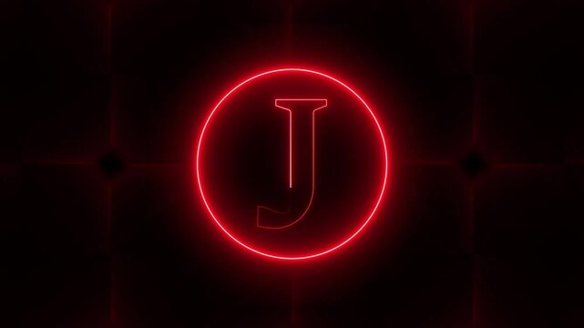 Letter J Glow Light Neon Animation. Letter J with neon light on technology background.