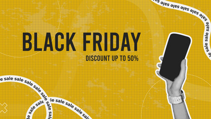 Black Friday typography banner.Creative halftone hand with phone.Trendy illustration for web banner,social media,marketing.Horizontal text Black friday sale on yellow background.Big sale.