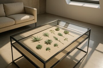 Display of various succulents and herbs arranged on a tabletop in a modern living space with natural light