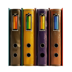 Colorful binders arranged row, showcasing vibrant hues of brown, yellow, purple, and orange. These binders are perfect for organizing documents Transparent background or PNG