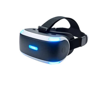 Sleek Black and White Virtual Reality Headset with Blue LED Indicators.