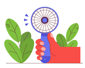 Hand Holding Portable Fan - Flat Design Vector Illustration (Personal Cooling Device) - Isolated on White Background