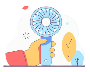 Hand Holding Portable Fan - Flat Design Vector Illustration (Personal Cooling Device) - Isolated on White Background