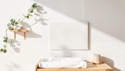 Minimalist nursery changing table with wall decor and greenery  