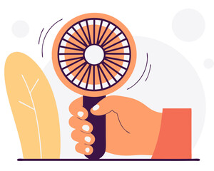 Hand Holding Portable Fan - Flat Design Vector Illustration (Personal Cooling Device) - Isolated on White Background
