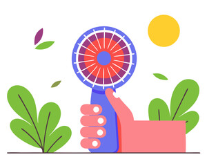 Hand Holding Portable Fan - Flat Design Vector Illustration (Personal Cooling Device) - Isolated on White Background