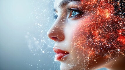 woman  face with a digital or cosmic effect, where parts of her face dissolve into sparkling particles. It combines beauty with a sense of futuristic or ethereal elements.