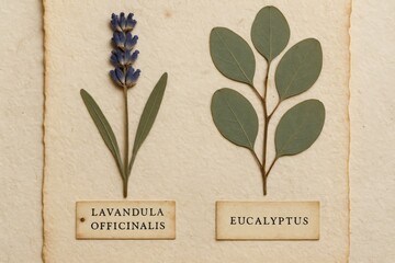 Herbarium display featuring Lavandula officinalis and Eucalyptus specimens on textured paper