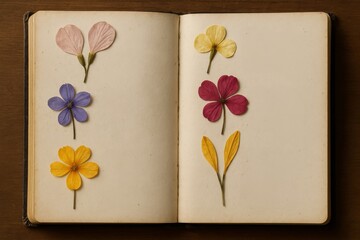Beautifully arranged pressed flowers in a vintage herbarium showcasing nature's diversity and artistry