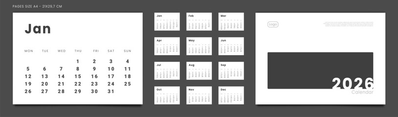 Set of 2026 Pages Monthly Calendar Planner Templates, Cover with Place for Photo, Company Logo. Vector pages for wall or desk calendar in minimal style. Page size A4 for Print. Week start on Monday