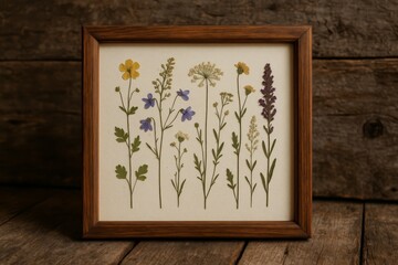 Herbarium display featuring a collection of pressed wildflowers arranged in a wooden frame on a rustic surface