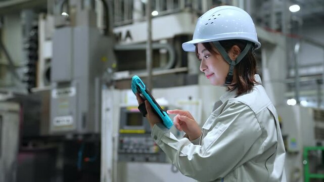 A female worker inspecting factory machinery with a tablet