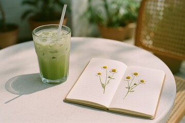Detailed view of an open herbarium notebook alongside a refreshing beverage on a sunlit table in a tranquil setting