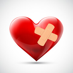 Red heart shape with medical plaster on the wound. Isolated on white background. Vector illustration