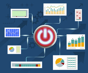 Start button on the background of financial analysis business charts and graphs. Vector illustration