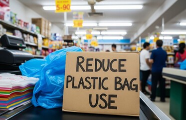 On International Plastic Bag Free Day, shops promote change with signs that urge customers to reduce plastic bag consumption.