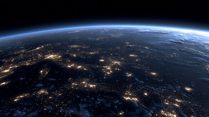 Planet Earth from outer space at night with glowing city lights, illuminated continents, dark ocean background, and cosmic atmosphere representing global connection and astronomical wonder