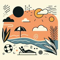 Abstract summer poster or card in simple scribble style, with summer vacation theme