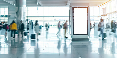 Obraz premium Blank billboard with blurred people walking in an international airport terminal.