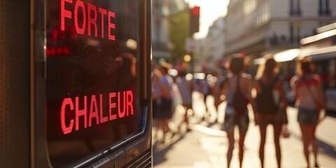 Street electronic display board showing message in French "Forte Chaleur" on a street of Paris during heat wave