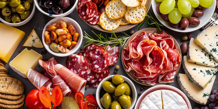 Various appetizers served for aperitif, top view.