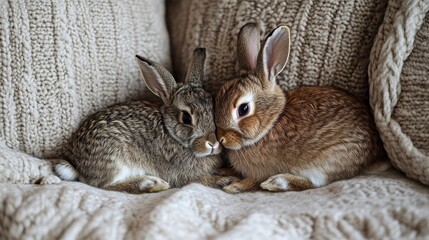 Naklejka premium Adorable rabbits snuggling together on a cozy blanket