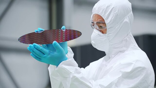 A male worker in a dustproof suit inspecting silicon wafers in a semiconductor factory