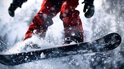 Naklejka premium close up of a snowboarder in action, snowboarder on the snow