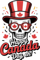 Beaver with tall patriotic top hat, bow tie, and maple background saying happy Canada Day eh  