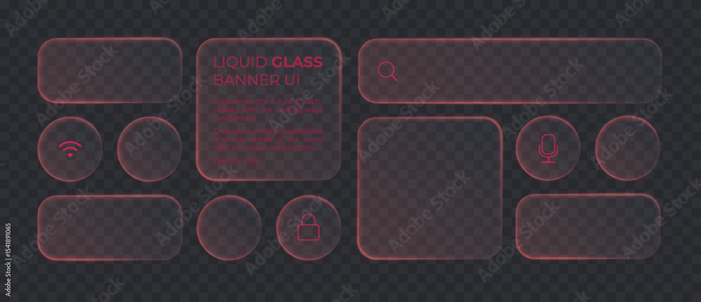 Poster liquid glass smartphone icon interface isolated for dark theme. blue ui light frame square and circl