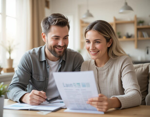 Couple smiling and looking at a laptop together at home