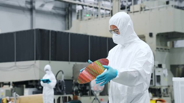 工場で機械を操作する防塵服を着た男性作業員