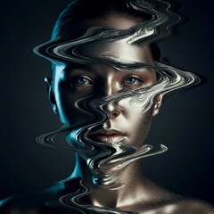 Surreal portrait of a woman with flowing metallic face in a dark artistic setting Generative AI
