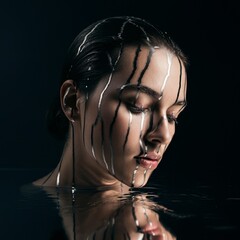 Graceful figure immersed in reflective water with silver streams cascading down her face Generative AI
