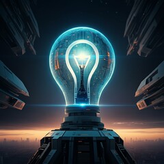 Light bulb illuminated by futuristic technology against a city skyline at dusk Generative AI