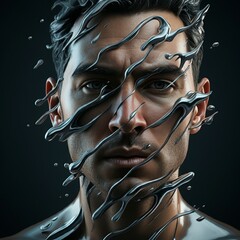 A man gazes intensely as liquid-like strands swirl around his face, creating a surreal effect