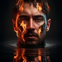 Fiery face rises from calm waters, merging earth and flame in a surreal generative art piece