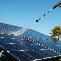 Cleaning solar panels under a bright blue sky in a sunny garden setting Generative AI