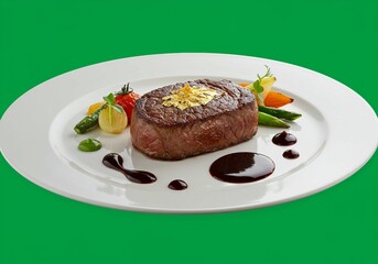 Elegant beef filet garnished with gold leaf presented beautifully against a vivid green background Generative AI