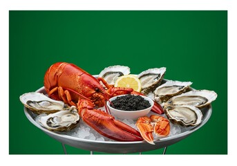 Fresh seafood delight featuring lobster, oysters, and caviar on ice for a vibrant culinary experience Generative AI