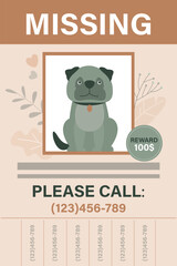 Missing dog poster with a cartoon pet. Concept of lost domestic animal. Paper ad on the wall about the missing dog. Vertical poster or banner template
