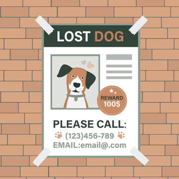 Missing dog poster with cartoon pet. Concept of lost domestic animal. Paper ad on the wall about the missing dog. Pet search