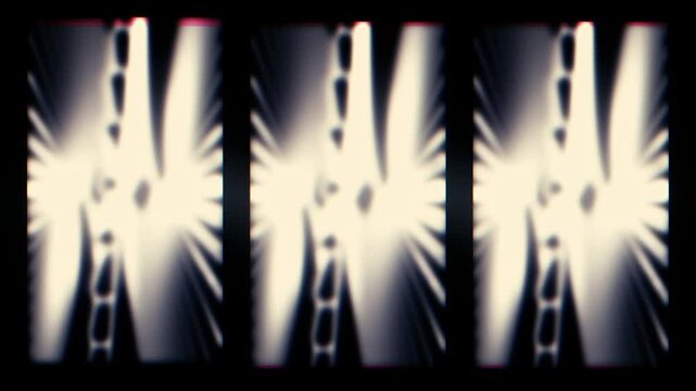 Retro black frame of old movie with fibers and grain on grey shapes background. Damage to old film frame damage background. VHS film tv frame old film effect,  for VJ music stage, transition, show